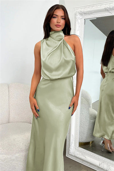 Carlina - Long Satin Dress with Halter Neckline