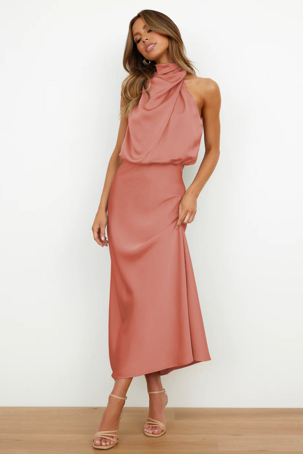 Carlina - Long Satin Dress with Halter Neckline