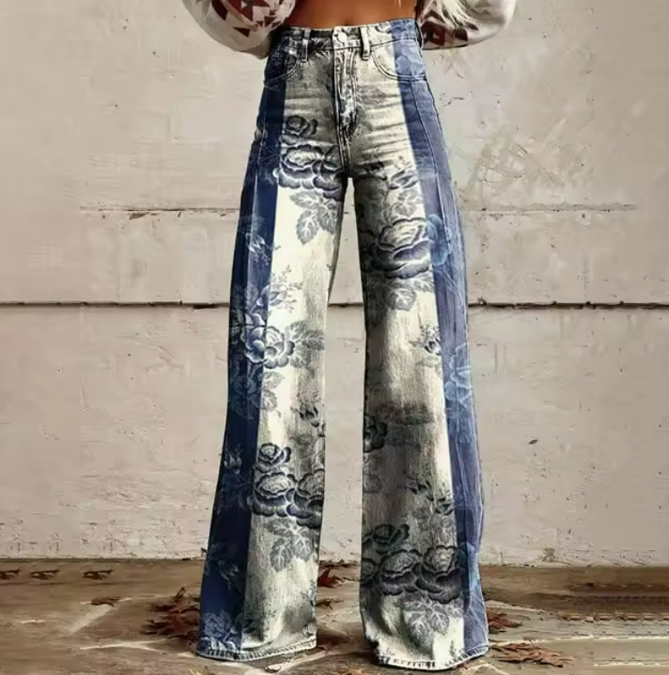 Mette | Blue Floral Print Wide-Leg Jeans