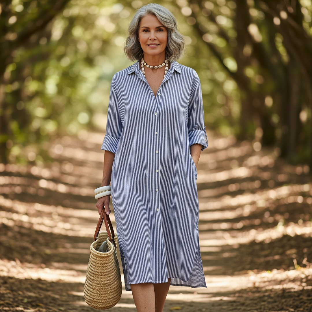 Alma™ - Elegant Striped Shirt Dress