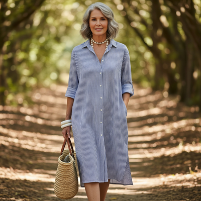Alma™ - Elegant Striped Shirt Dress
