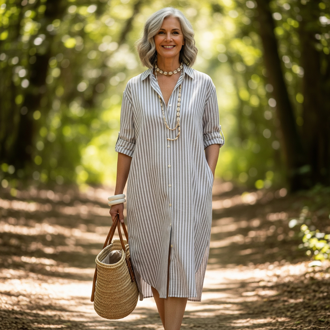 Alma™ - Elegant Striped Shirt Dress