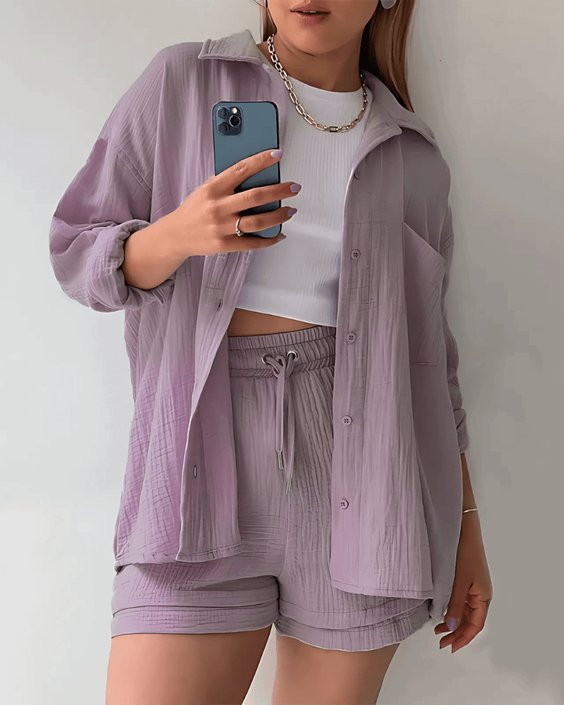 Maylee Cotton Button-Up Shorts Set