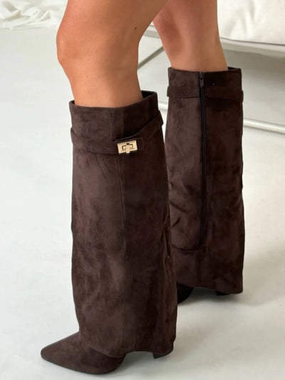 Eliza | Luxury Suede Look High Boots With Gold Accent