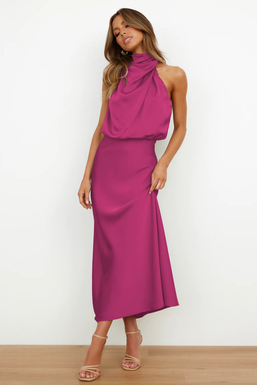 Carlina - Long Satin Dress with Halter Neckline