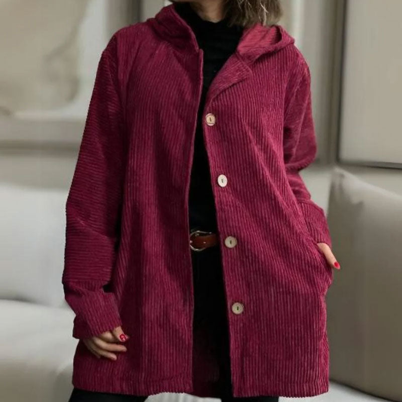 Daleny - Hooded Velvet Button Up Jacket