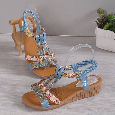Sue | Glittery wedge sandals with decorative crystals