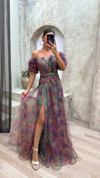 Carmel - Elegant Belted Ruffle Sleeve Maxi Dress