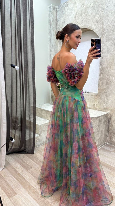 Carmel - Elegant Belted Ruffle Sleeve Maxi Dress