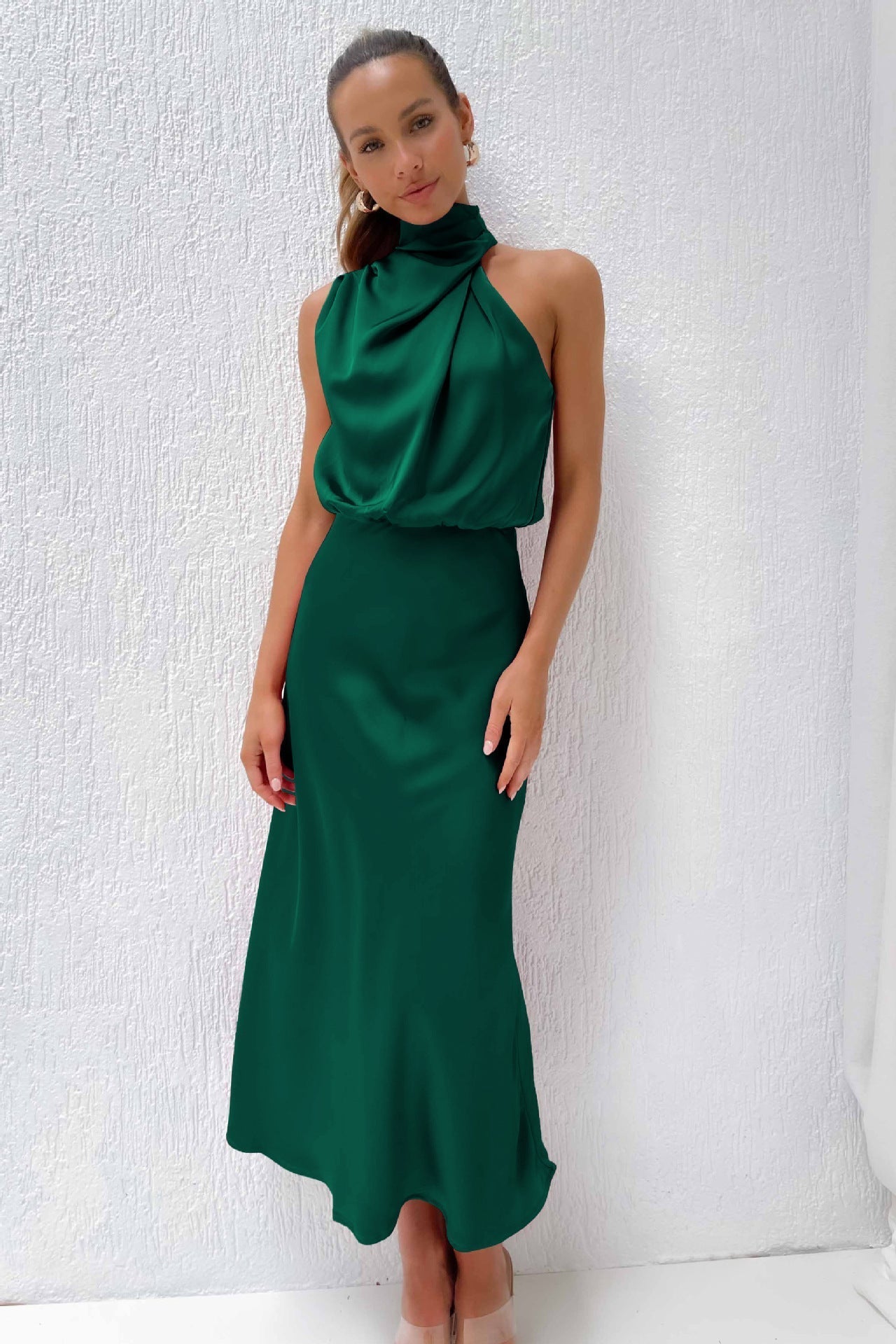 Carlina - Long Satin Dress with Halter Neckline