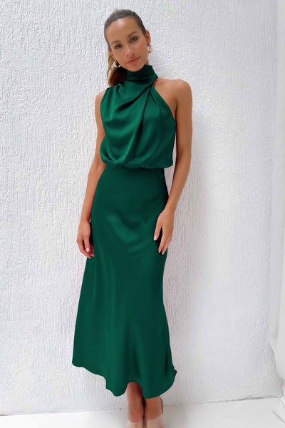 Carlina - Long Satin Dress with Halter Neckline