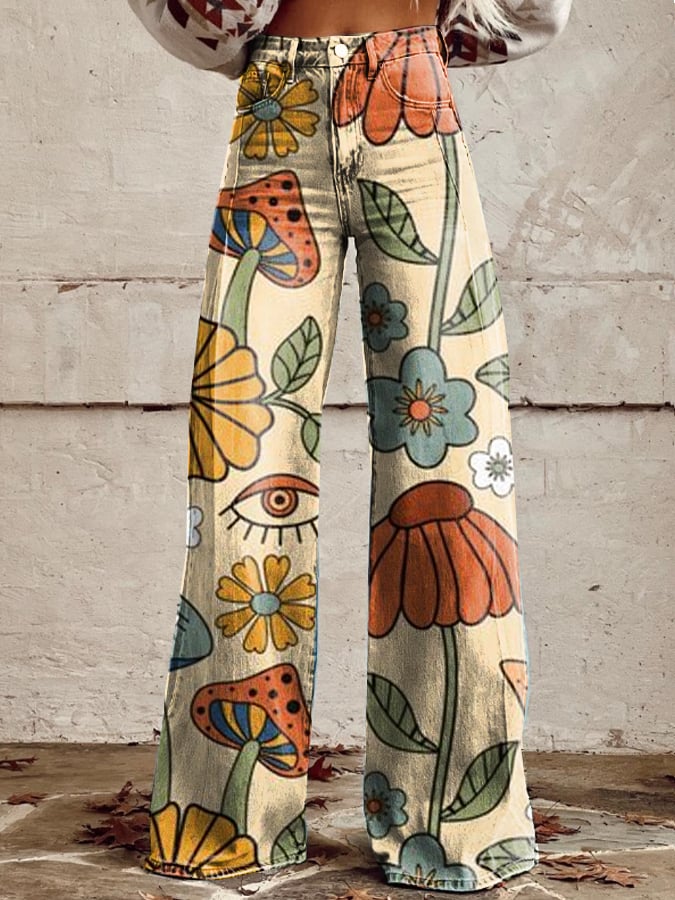 Ida | Floral & Mushroom Print Wide-Leg Jeans