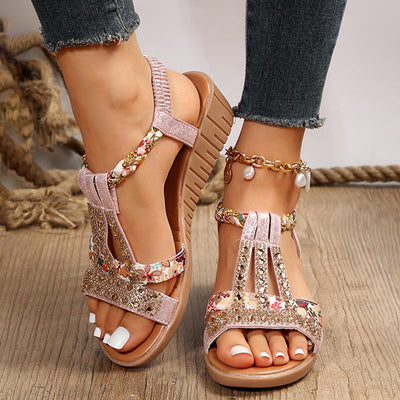 Sue | Glittery wedge sandals with decorative crystals