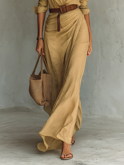 Samantha - Lapel Long Sleeve Shirt Belted Maxi Dress