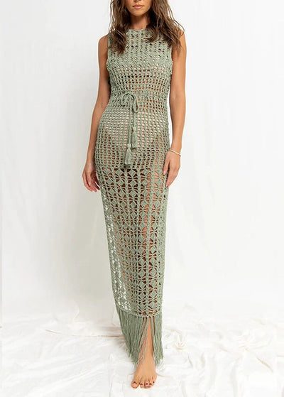 Boholita - Hollow Lace Up Knitted Cover Up Dress