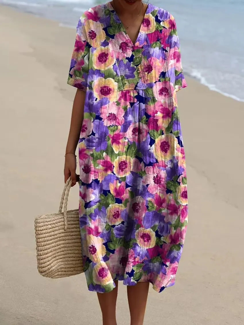 Jessica | Cotton linen dress with a V-neck print