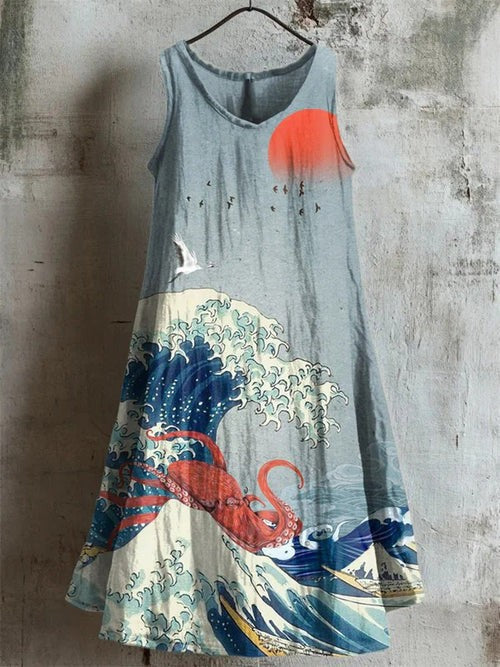 Blue Waves Print Tank Dress
