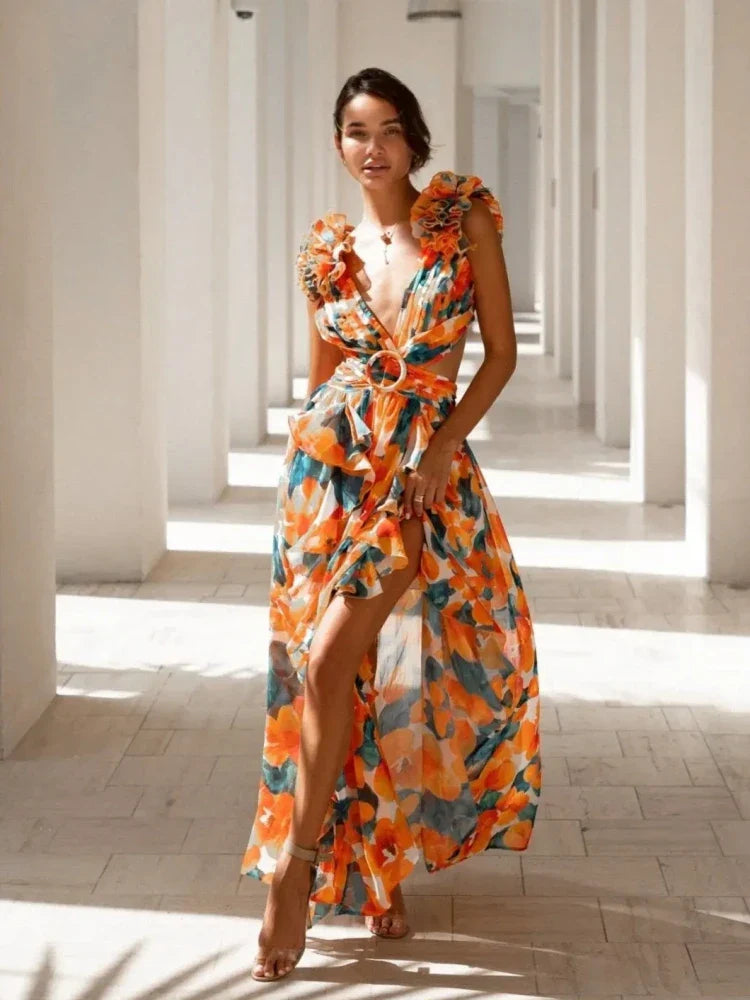 Lexi - Elegant Backless Ruffles Maxi Dress