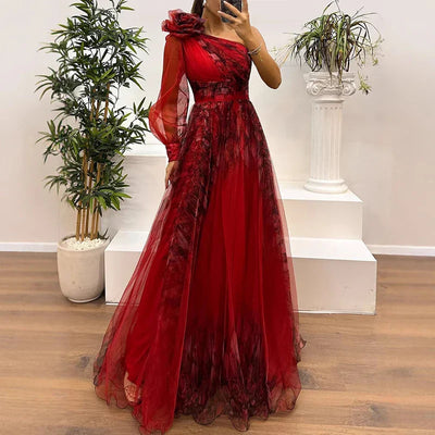 Judith - Trendy One Shoulder Mesh Print Maxi Dress