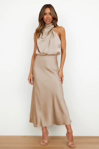 Carlina - Long Satin Dress with Halter Neckline