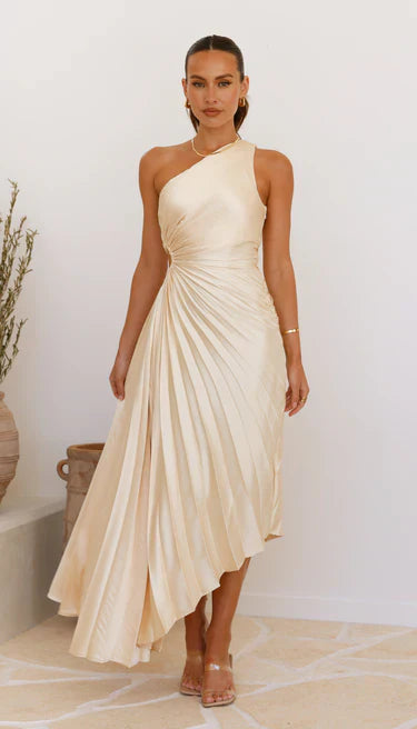 Billy Joan | One-Shoulder Pleated Midi Dress