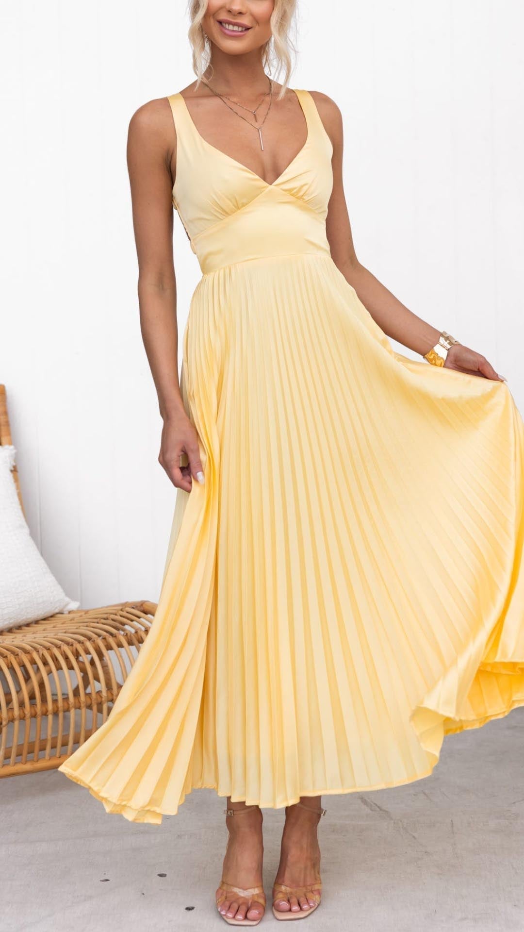 Aby | Yellow Pleated V-neck Maxi Dress