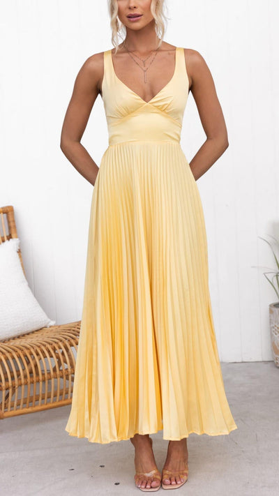 Aby | Yellow Pleated V-neck Maxi Dress