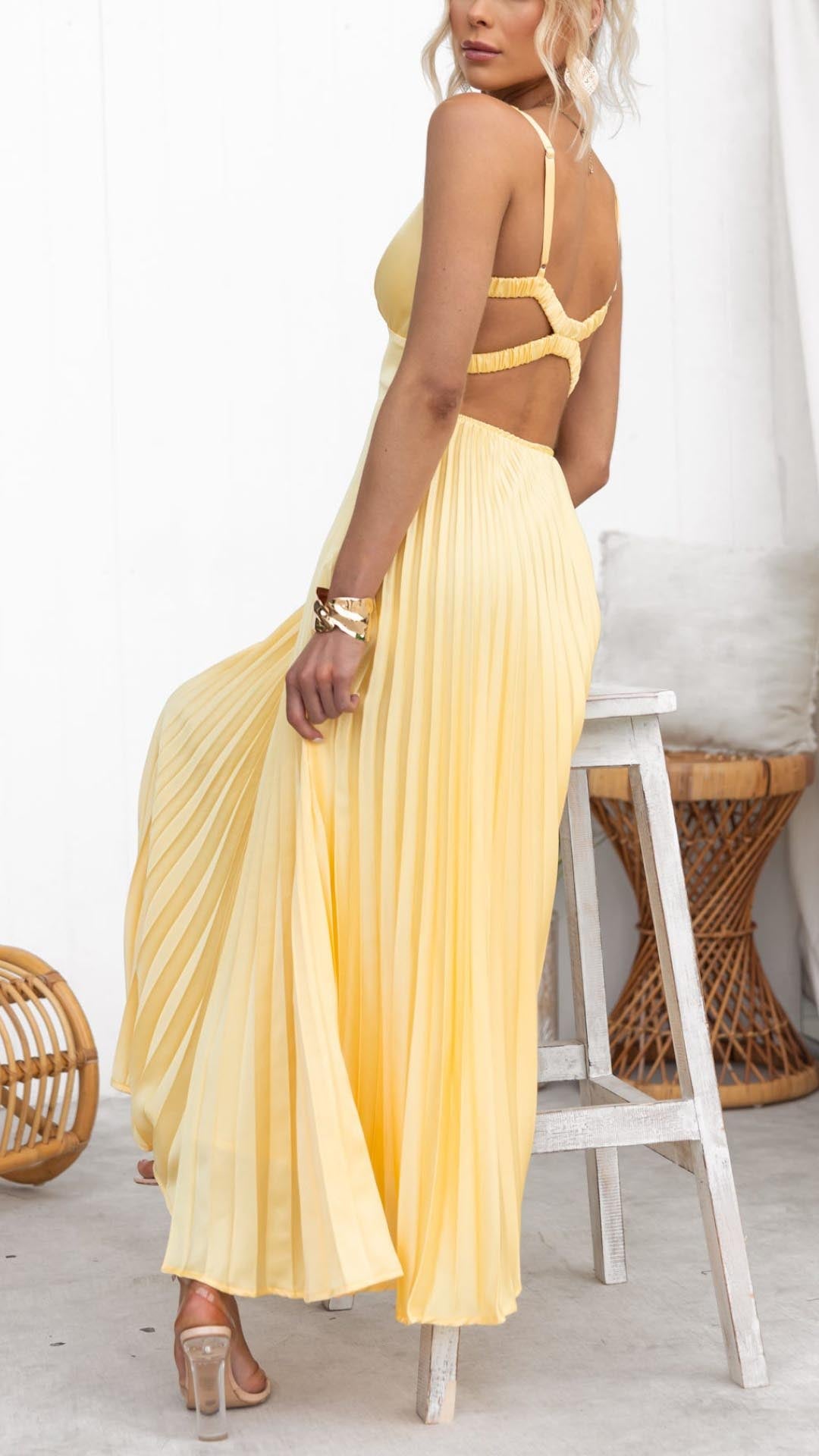 Aby | Yellow Pleated V-neck Maxi Dress