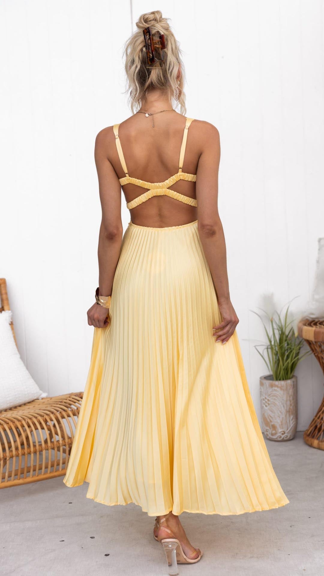 Aby | Yellow Pleated V-neck Maxi Dress