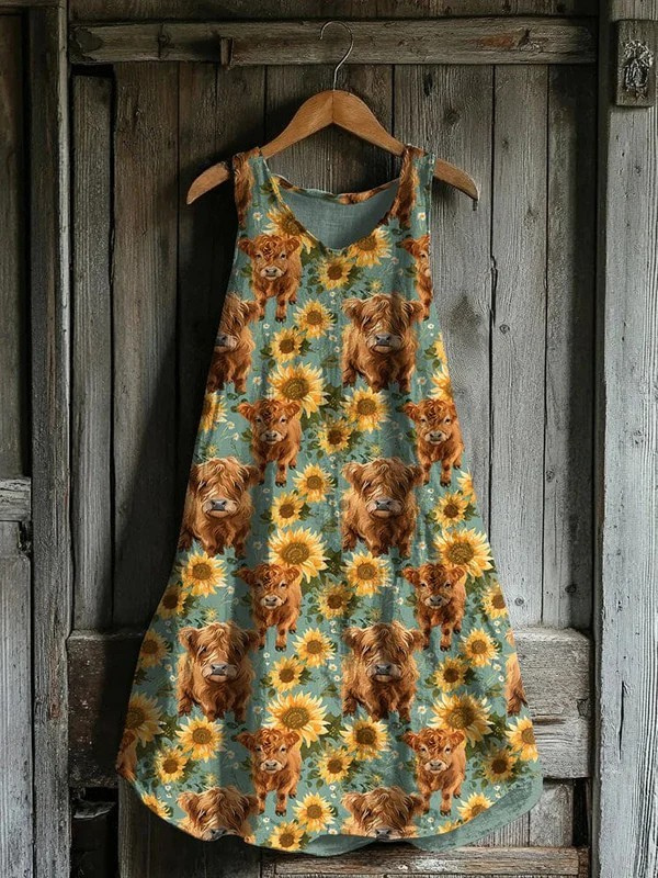 Highland Cow Sunflower Print Tank Dress