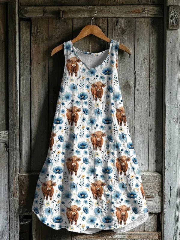Highland Cow Floral Print Tank Dress