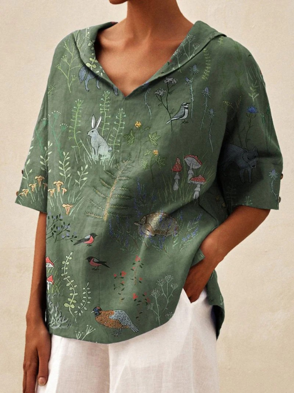 Woodland And Animal Pattern Printed Women's Casual V-neck Shirt