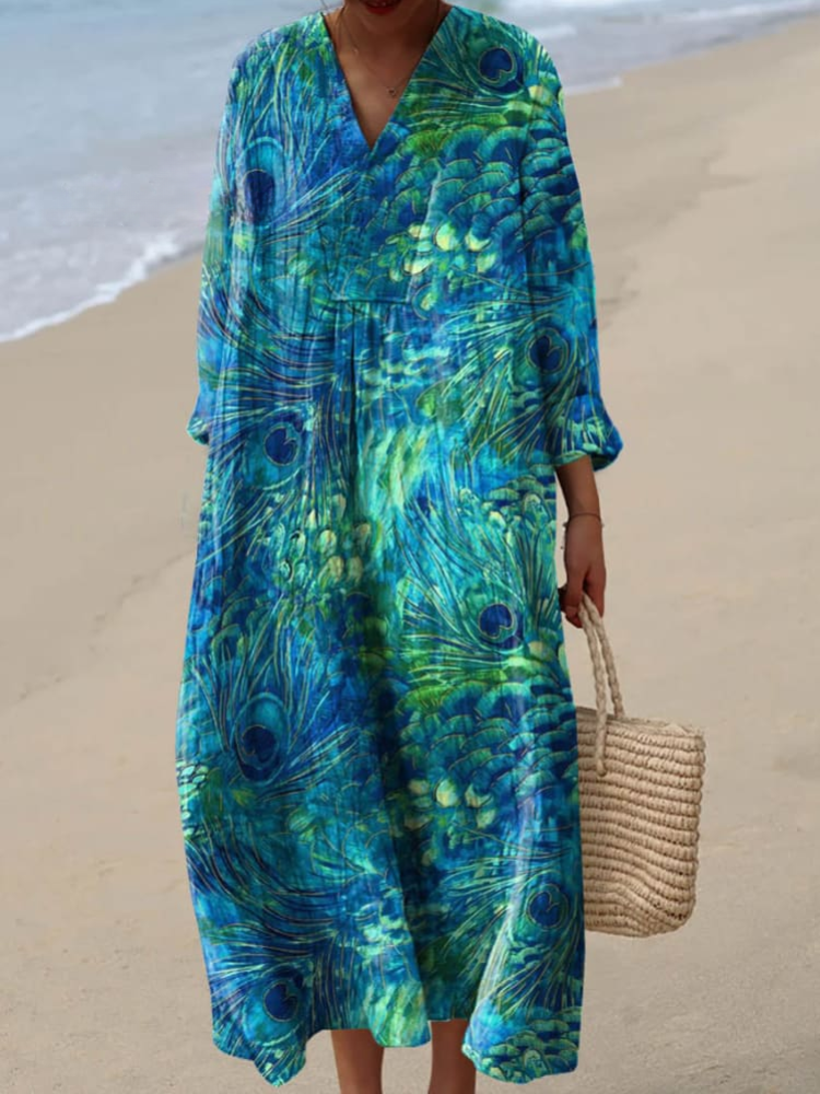 Women's Peacock Feather Pattern Art Print Cotton Dress
