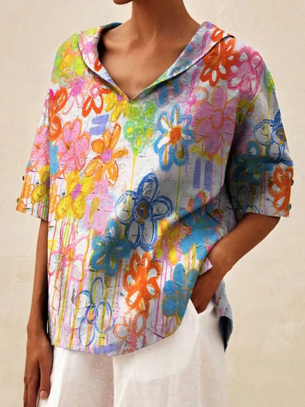 Women's Vintage Flower Print Casual V-neck Shirt
