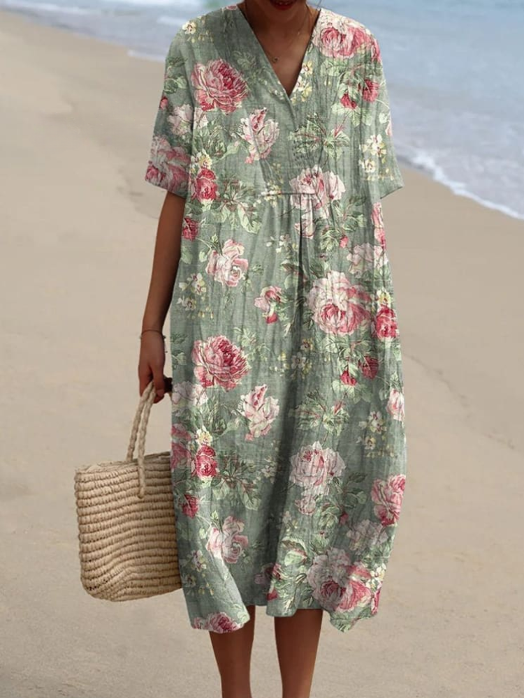 Vintage Romantic Rose Pattern Printed Women's Flowy Dress