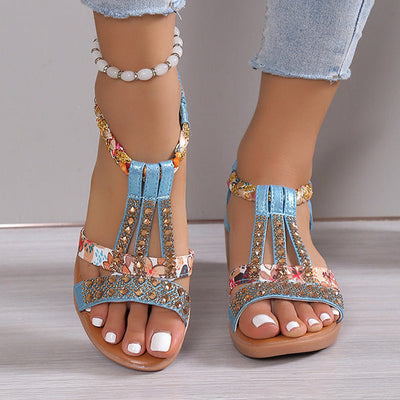 Sue | Glittery wedge sandals with decorative crystals