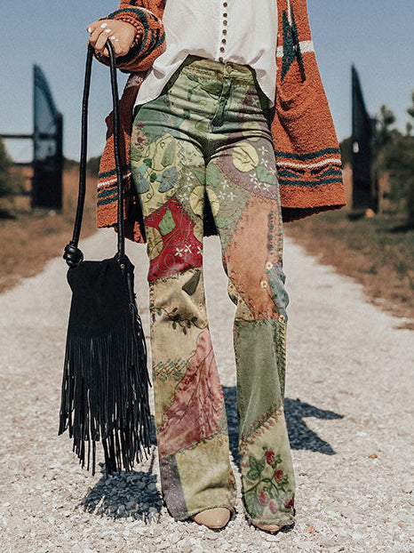 Fresalya | Earthy Patchwork Flare Pants