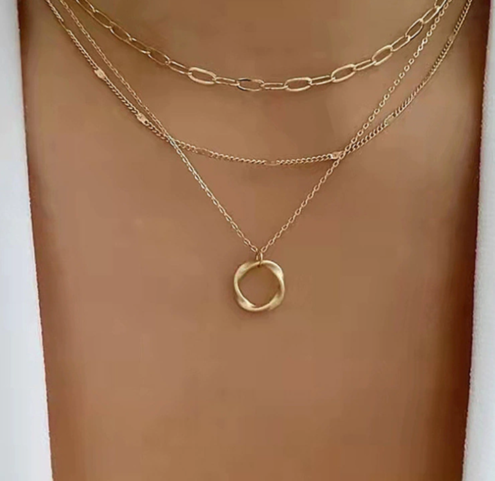 Open Circle Three Row Necklace | Gold