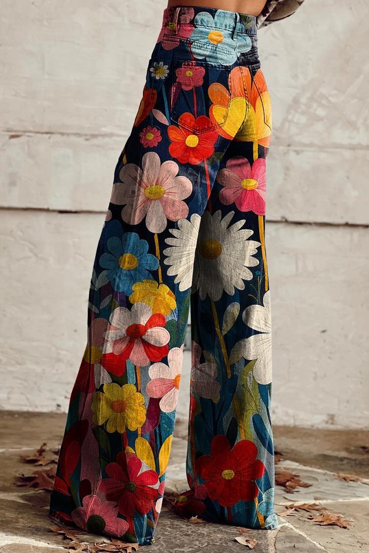 Amalie | Colorful Floral Print Wide-Leg Jeans