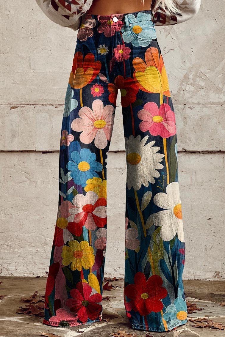 Amalie | Colorful Floral Print Wide-Leg Jeans