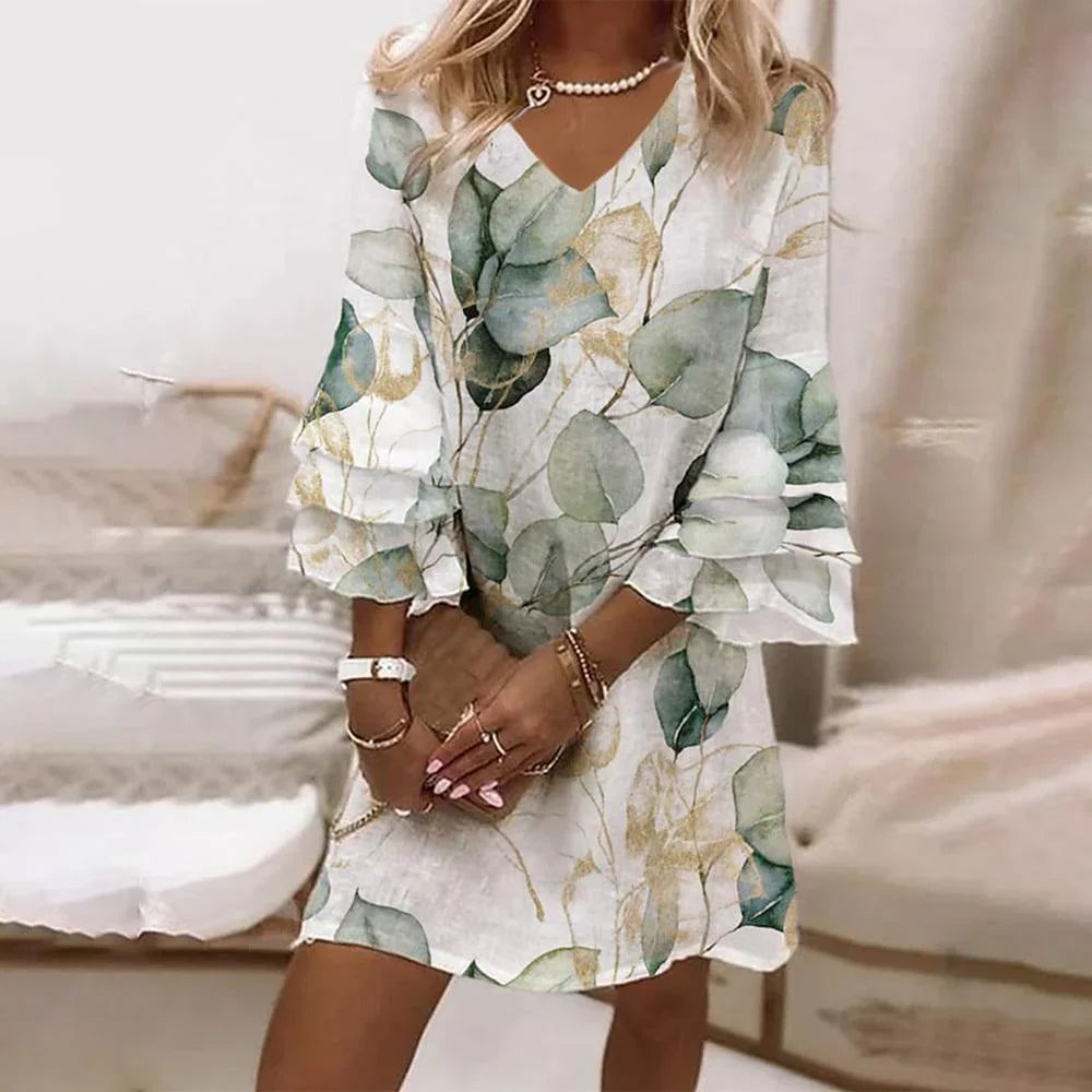 Sage - Art Print 3/4 Sleeve Mini Dress