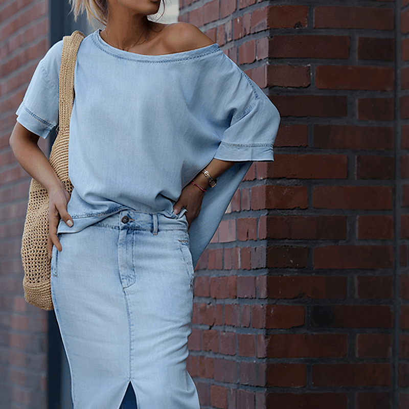 WHITE | Diagonal shoulder top with split denim maxi skirt