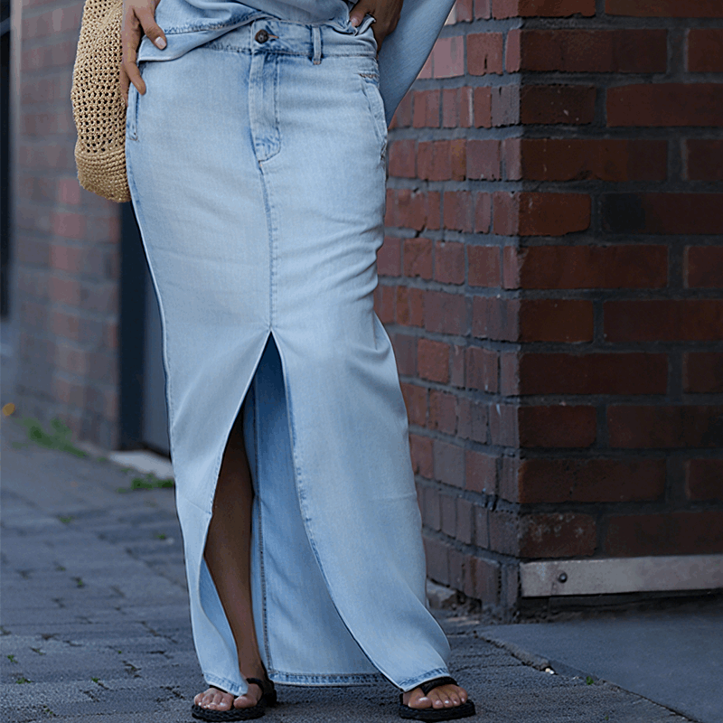 WHITE | Diagonal shoulder top with split denim maxi skirt