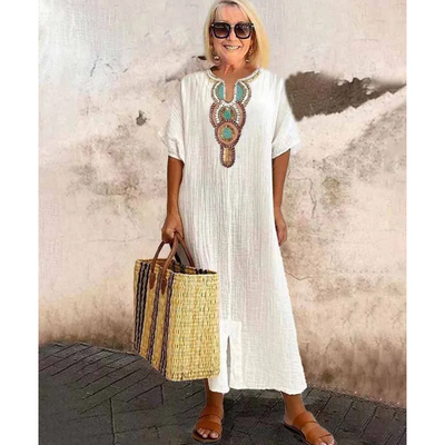 Lioba - Casual Linen Embroidered Split Dress