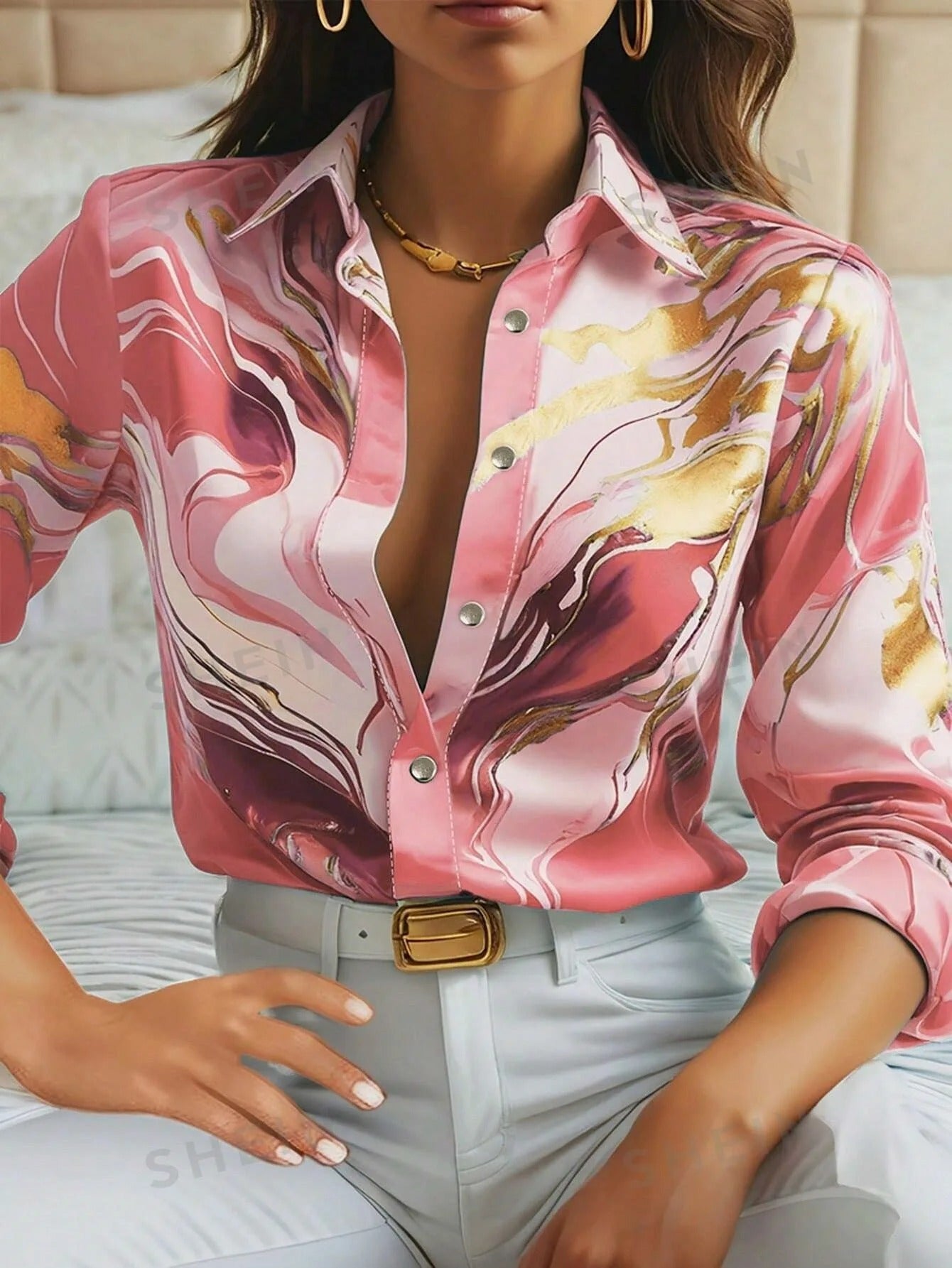 Maroula | Elegant Marble Print Short Sleeve Shirt